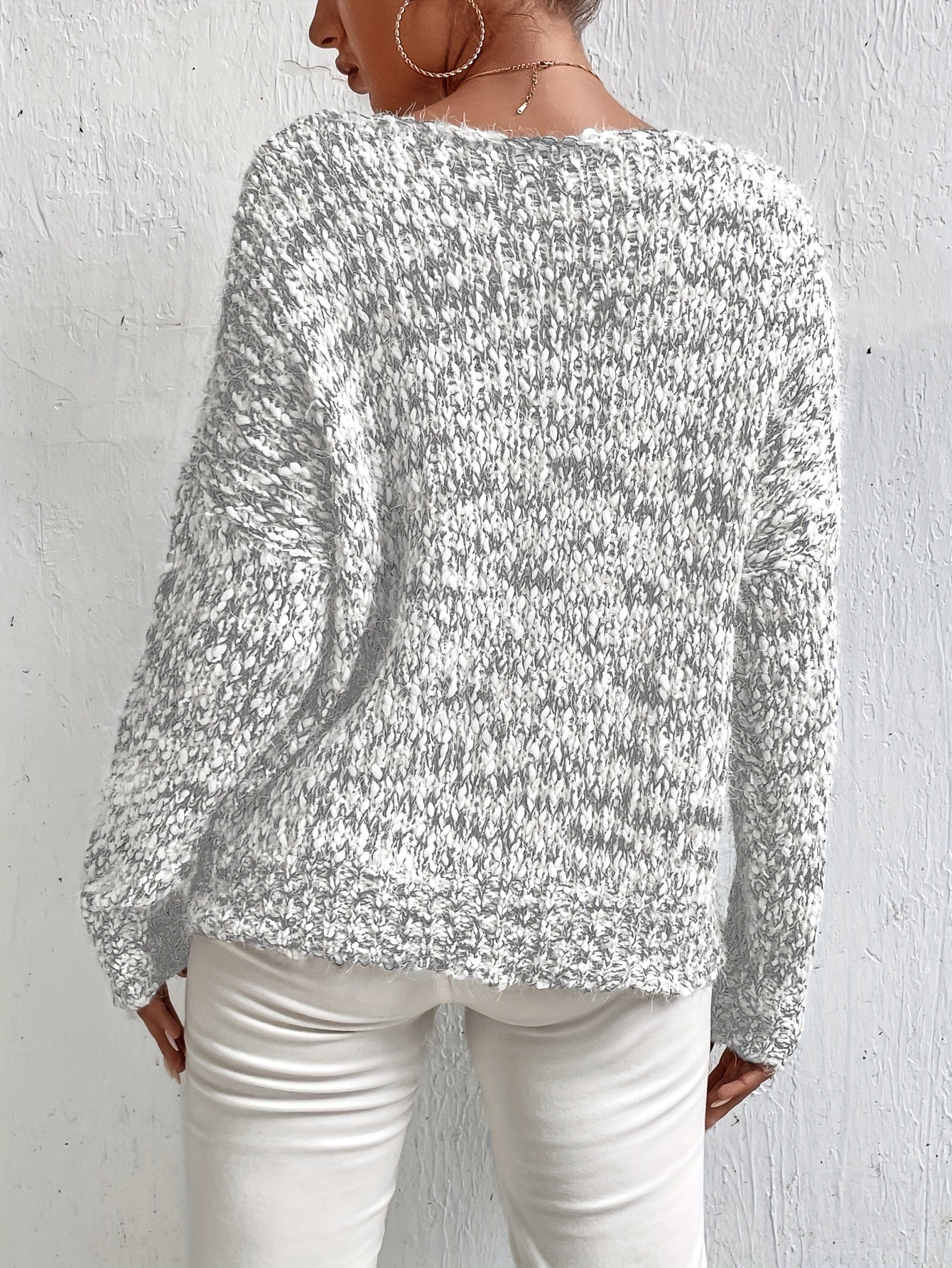 Serina™ speckled long-sleeve pullover sweater, relaxed fit, heather gray-white knit