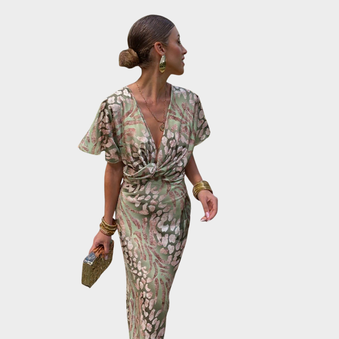 Midi wrap dress in light green and pink with abstract floral pattern, V-neck, short sleeves