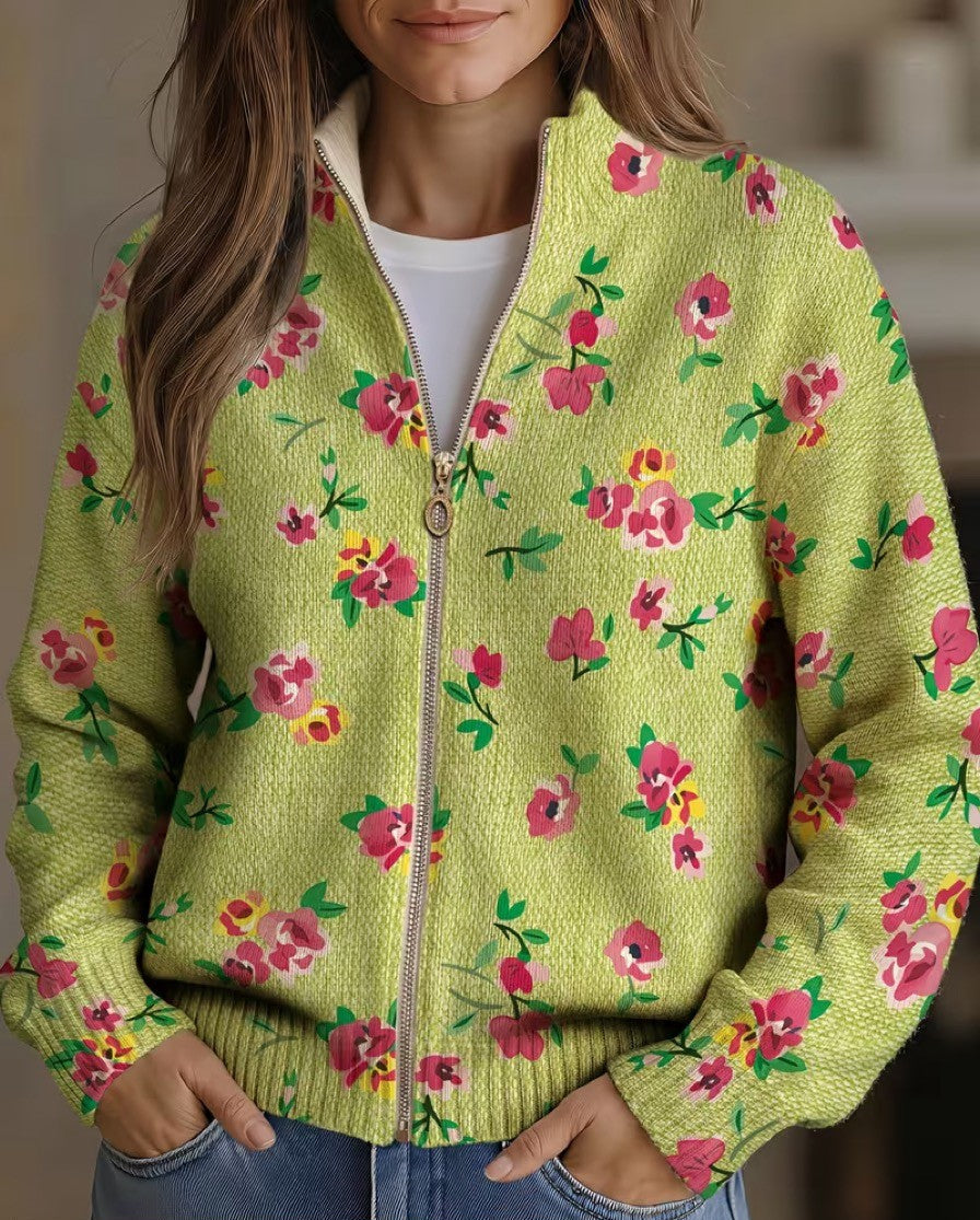 Floral knit cardigan with front zipper, lime green and pink flower print