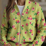 Floral knit cardigan with front zipper, lime green and pink flower print