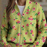 Floral knit cardigan with front zipper, lime green and pink flower print