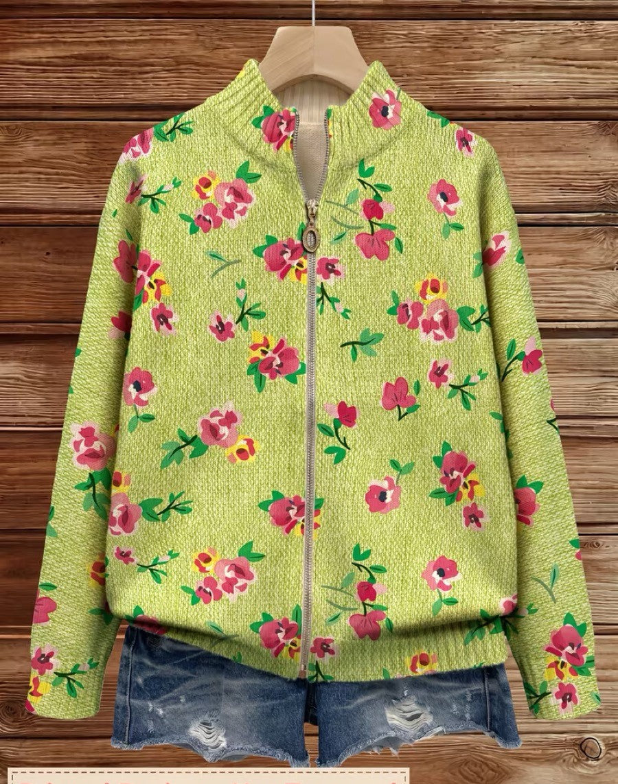 Lime green floral knit cardigan with full front zipper and stand collar