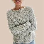 Speckled knit sweater with ribbed crew neck and long sleeves, heather gray
