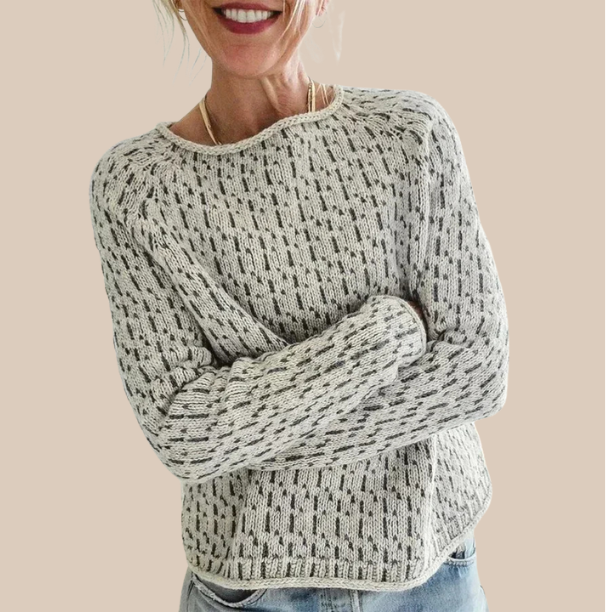 Speckled knit sweater with ribbed crew neck and long sleeves, heather gray
