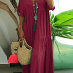 Plus size tummy control tiered ruffle maxi dress, deep red, short sleeves, V-neck