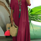 Plus size tummy control tiered ruffle maxi dress, deep red, short sleeves, V-neck