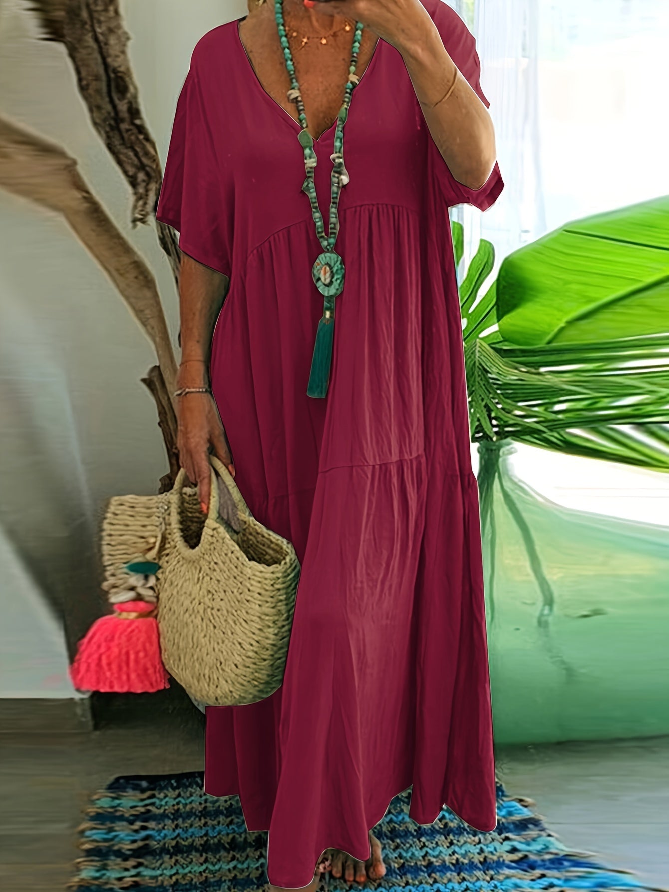 Plus size tummy control tiered ruffle maxi dress, deep red, short sleeves, V-neck