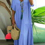 Plus size tummy control tiered ruffle maxi dress, light blue, short sleeves, V-neck