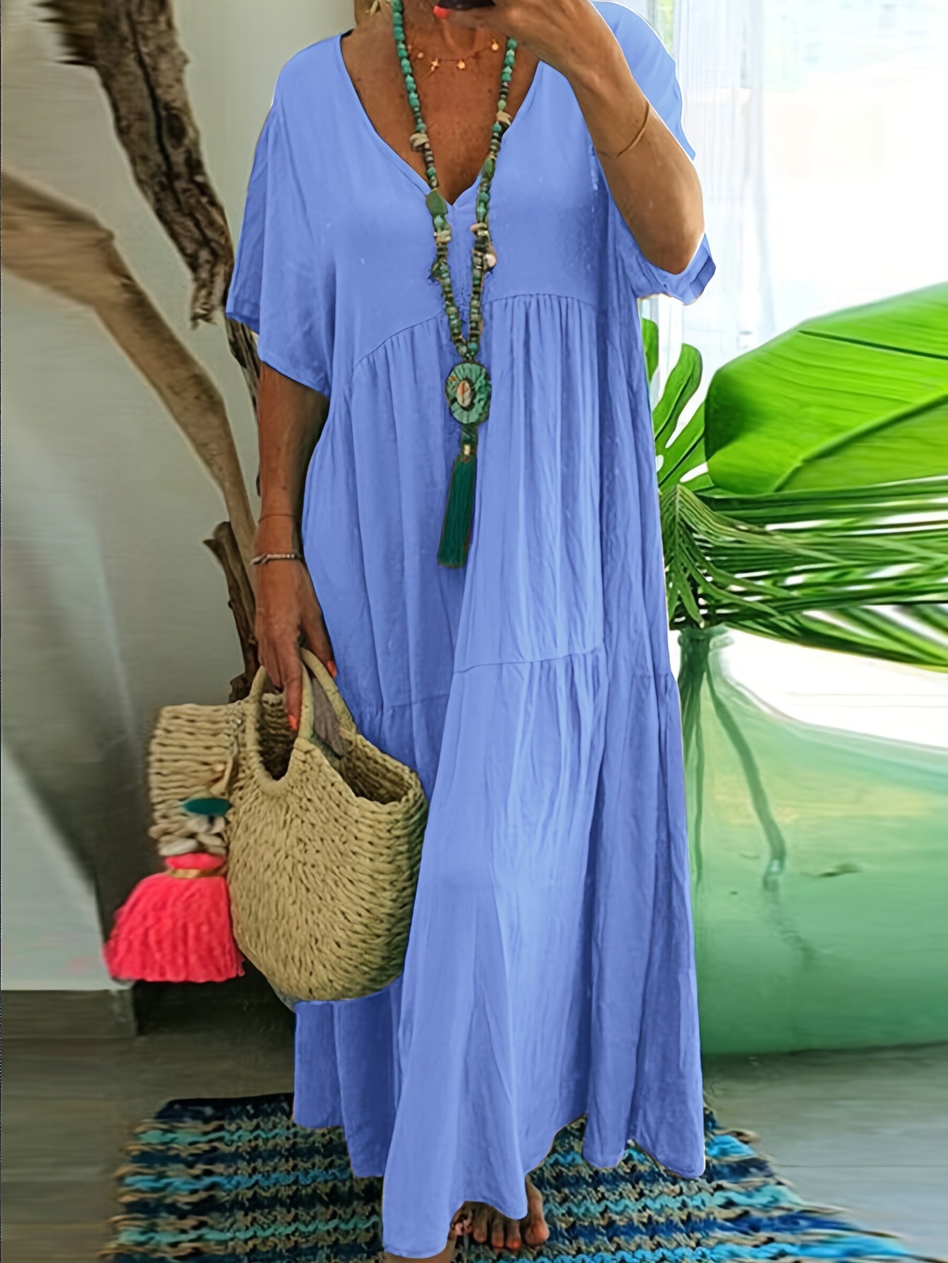Plus size tummy control tiered ruffle maxi dress, light blue, short sleeves, V-neck
