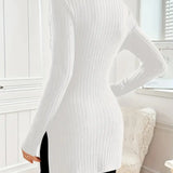 Ribbed knit turtleneck sweater dress, long sleeves, slim fit, white