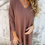 Brown V-neck pullover sweater, three-quarter sleeves and loose drape.
