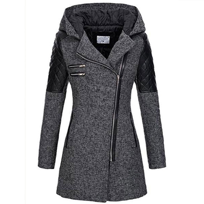Womens winter parka coat, heather gray, faux fur-lined hood, quilted sleeve panels