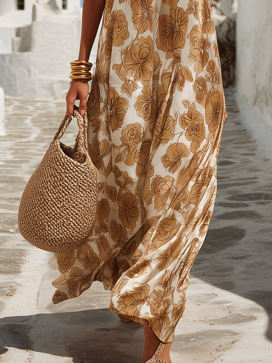 Beige floral satin maxi dress, draped fabric and ankle-length hem