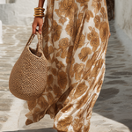 Beige floral satin maxi dress, draped fabric and ankle-length hem