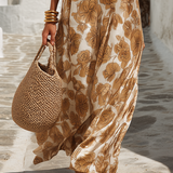 Beige floral satin maxi dress, draped fabric and ankle-length hem