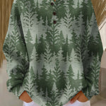Green knit sweater with classic tree pattern and button-front henley neckline