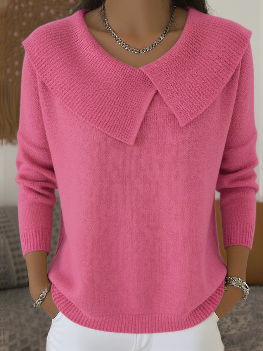 Luna™ women's Christmas sweater, pink knit V-neck with wide pointed collar