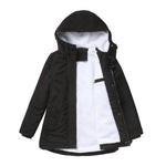 Insulated winter jacket with hood, black shell, plush fleece lining, front zipper