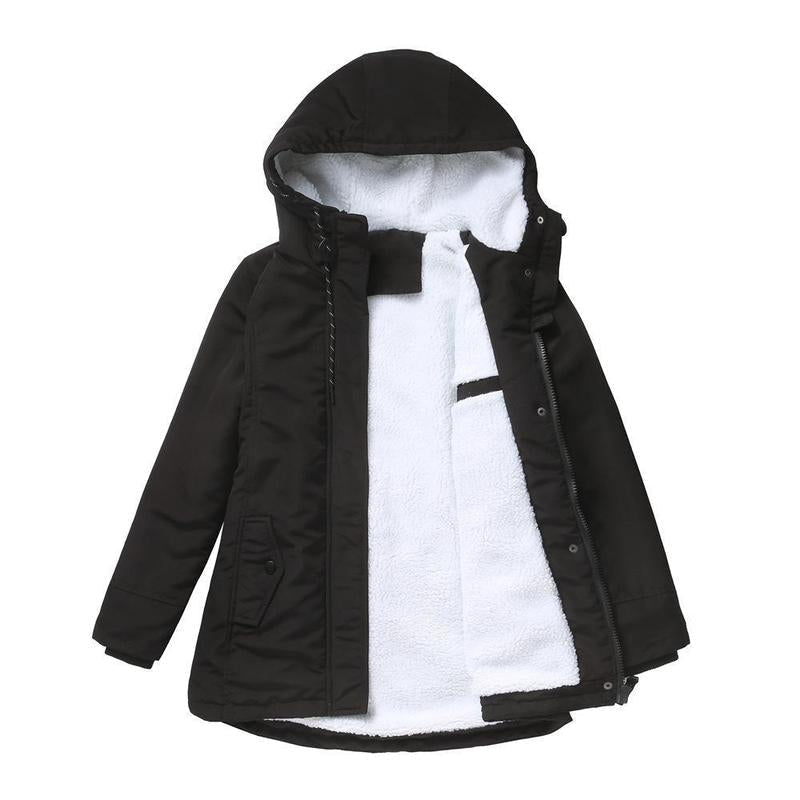 Insulated winter jacket with hood, black shell, plush fleece lining, front zipper