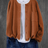 Rust brown round-neck cardigan with button front and side pocket