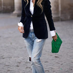 Julissa™ velvet blazer in dark blue, single-breasted with notched lapel and gold buttons