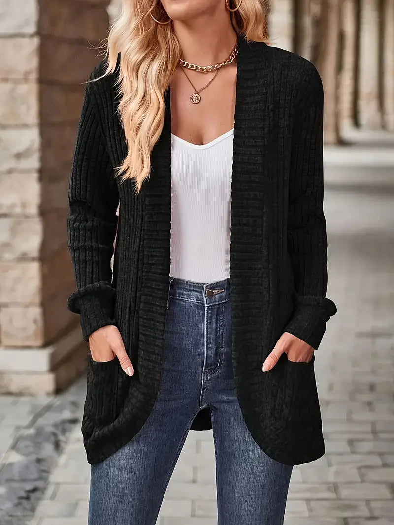 Ribbed knit cardigan with long sleeves and patch pockets, open front, black