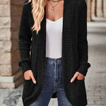 Ribbed knit cardigan with long sleeves and patch pockets, open front, black