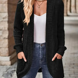 Ribbed knit cardigan with long sleeves and patch pockets, open front, black