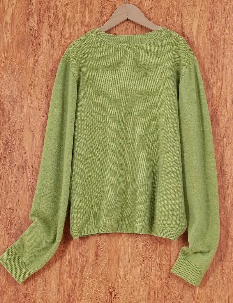 Women’s round-neck cardigan with long sleeves, green knit texture, cropped back view