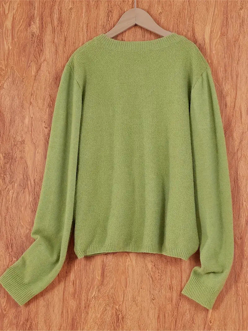 Women’s round-neck cardigan with long sleeves, green knit texture, cropped back view