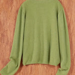 Women’s round-neck cardigan with long sleeves, green knit texture, cropped back view