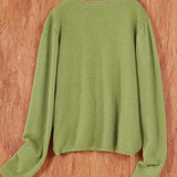 Women’s round-neck cardigan with long sleeves, green knit texture, cropped back view