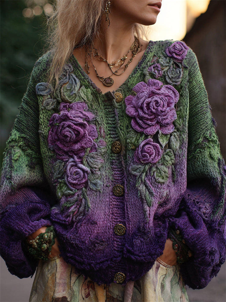 Women's cardigan in purple and green knit with large rosette appliques and button front