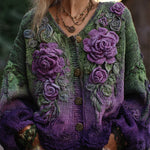 Women's cardigan in purple and green knit with large rosette appliques and button front