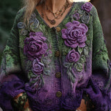 Women's cardigan in purple and green knit with large rosette appliques and button front