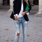 Julissa™ velvet blazer in dark blue, tailored fit with gold-button cuffs