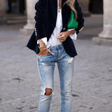 Julissa™ velvet blazer in dark blue, tailored fit with gold-button cuffs