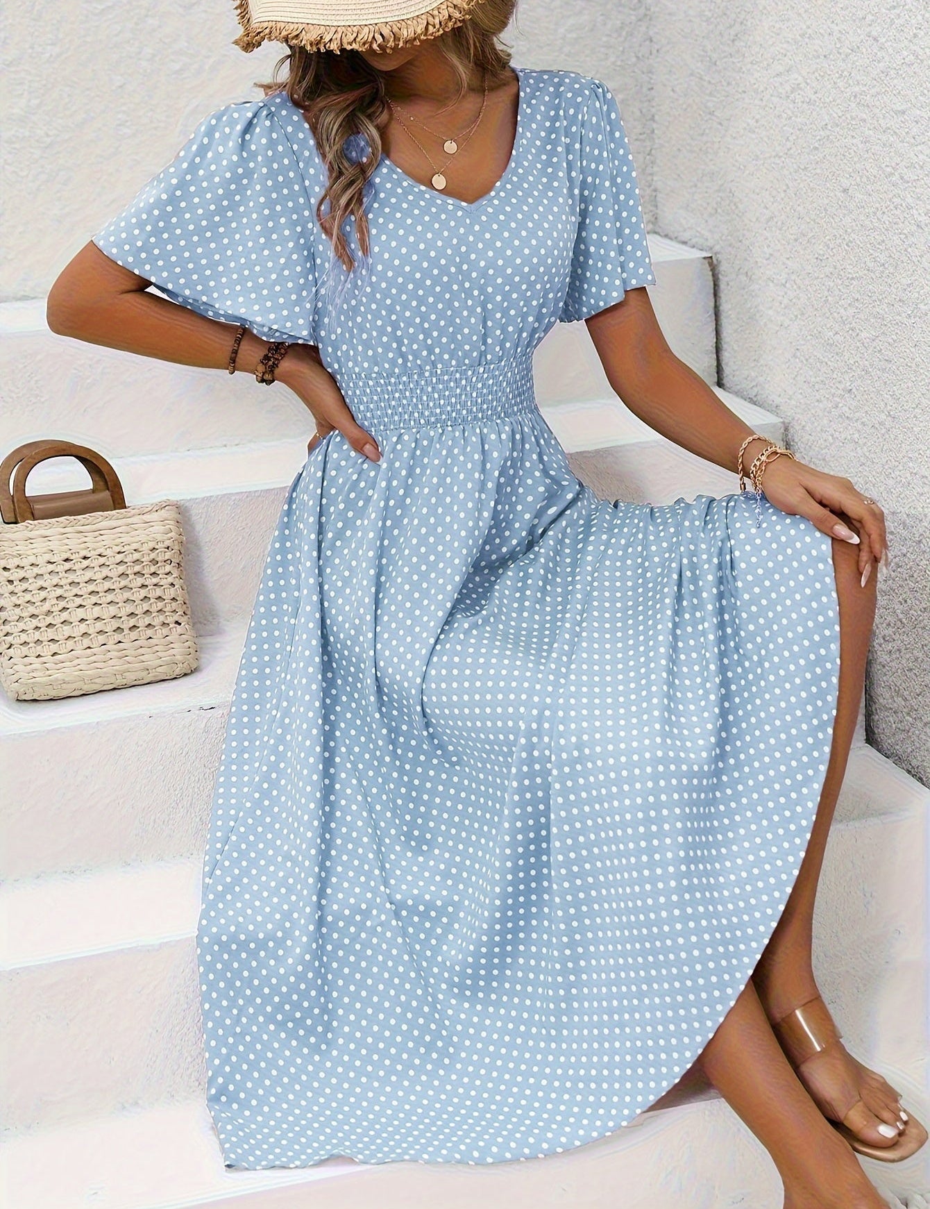 Livia™ women’s summer dress in light blue with white polka dots, V-neck, short sleeves