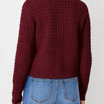 Womens knit cardigan back view, burgundy textured knit with button placket