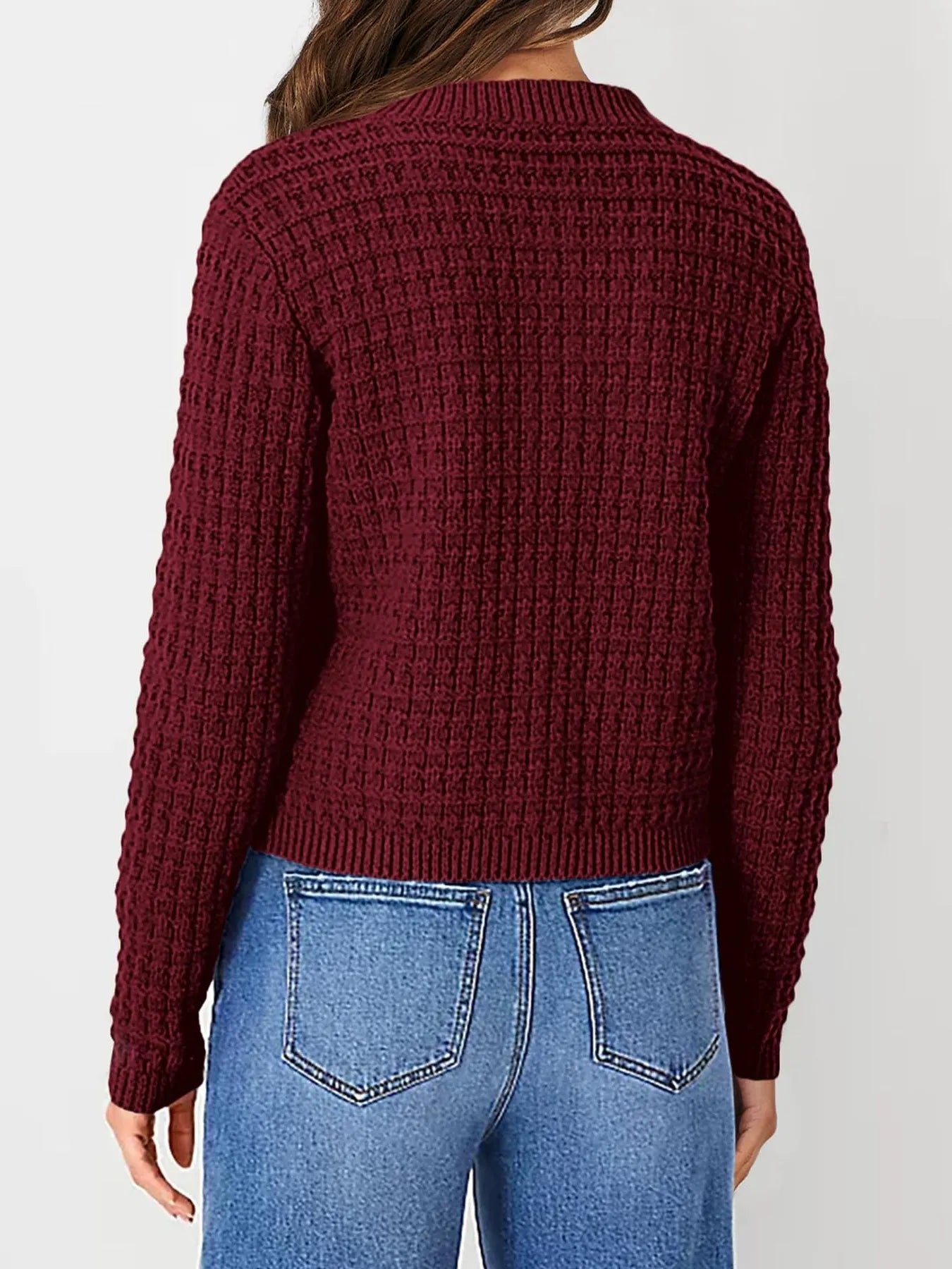Womens knit cardigan back view, burgundy textured knit with button placket