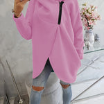 Pink zip-up hoodie with hood, front pocket, and black zipper trim