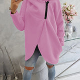 Pink zip-up hoodie with hood, front pocket, and black zipper trim