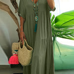 Plus size tummy control tiered ruffle maxi dress, olive green, short sleeves, V-neck