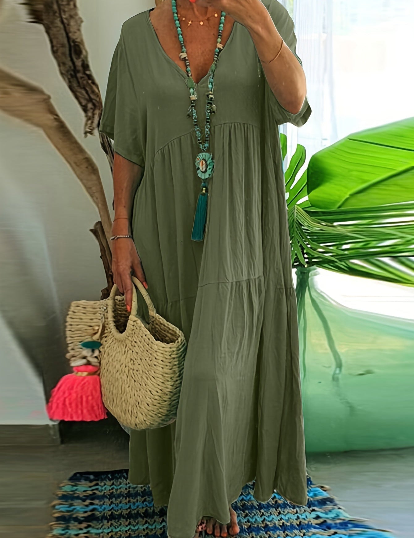 Loose plus-size maxi dress, olive green, V-neck, short sleeves, tiered skirt