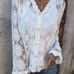 White openwork lace cardigan, V-neck with button placket and long sleeves
