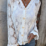 White openwork lace cardigan, V-neck with button placket and long sleeves