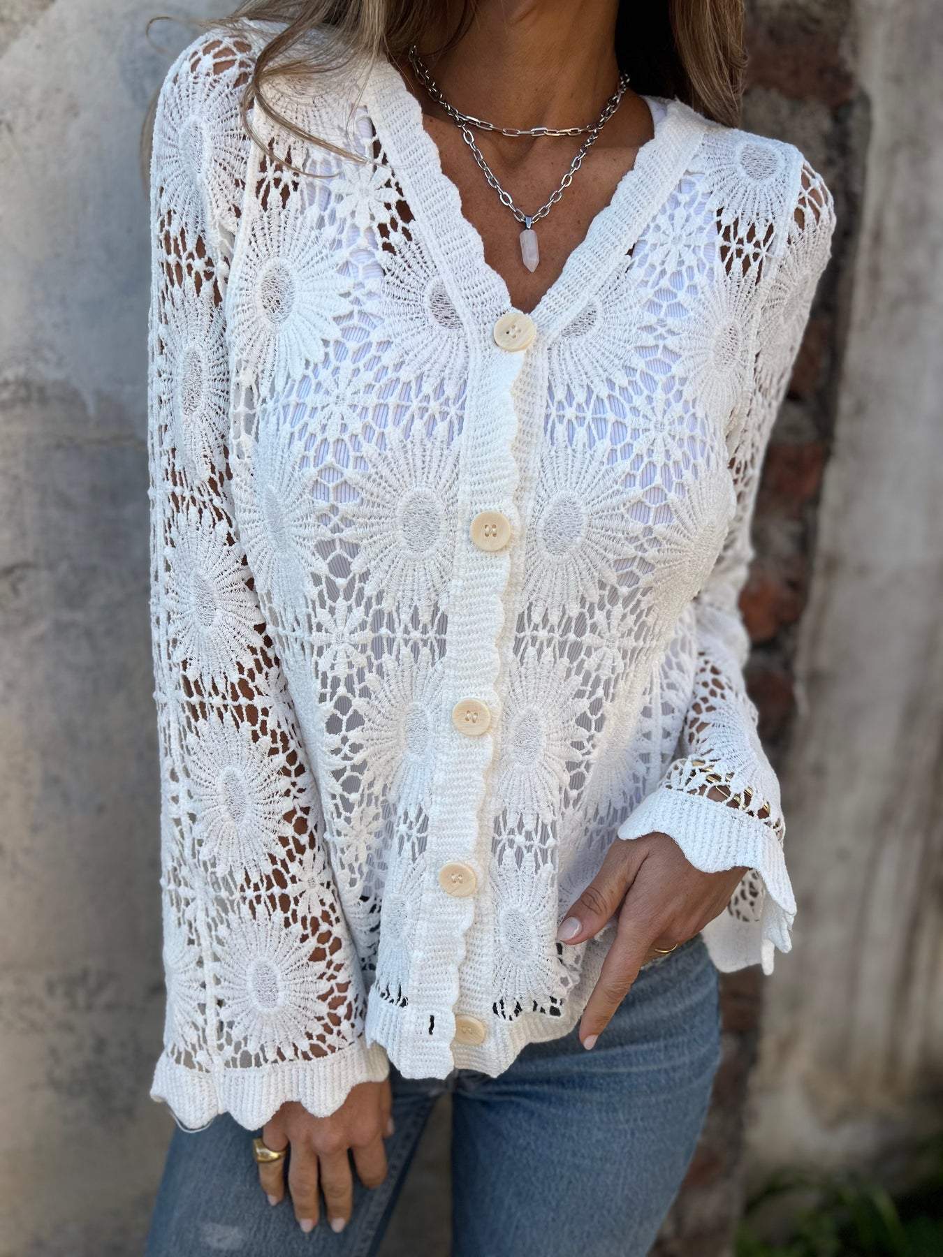White openwork lace cardigan, V-neck with button placket and long sleeves