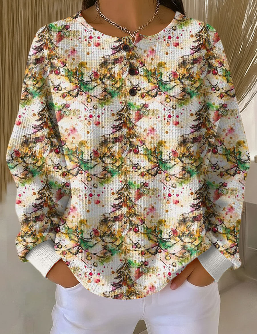 Colorful Christmas tree patterned knit sweater with crew neck and long sleeves