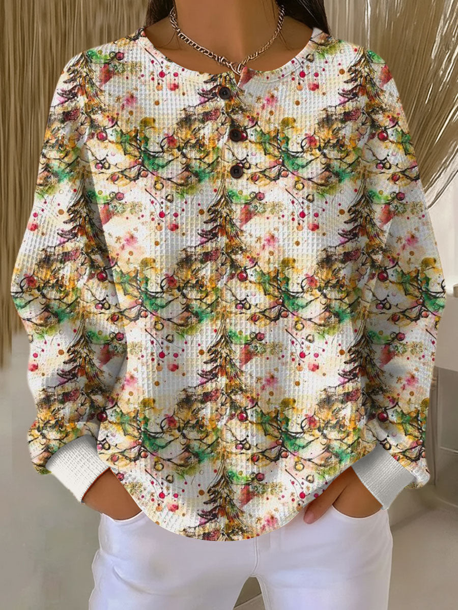 Colorful Christmas tree patterned knit sweater with crew neck and long sleeves