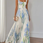Mary™ pleated maxi dress, white with blue floral print, square neckline and thin straps
